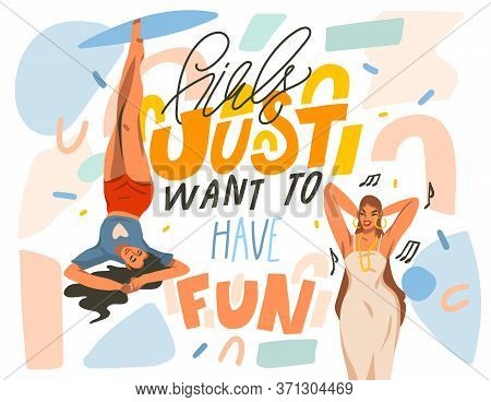 Hand Drawn Vector Abstract Stock Graphic Illustration With Young Happy Positive Lifestyle Females Wi