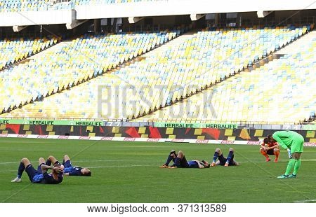 Kyiv, Ukraine - June 6, 2020: Desna Chernihiv Players Lie On A Pitch After Lost In Ukrainian Premier