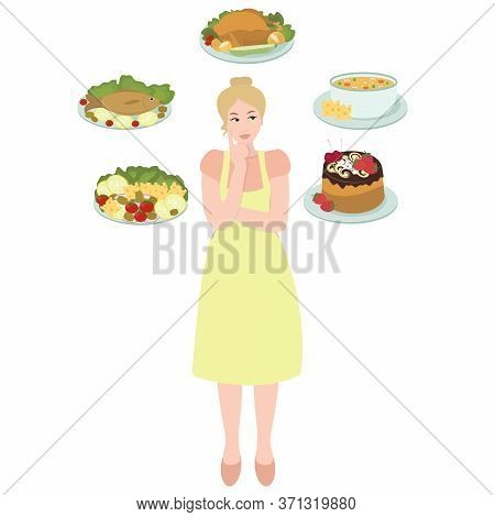 Woman Decides What To Cook. Housewife Is Cooking. Mom In The Kitchen. Vector Illustration For Design