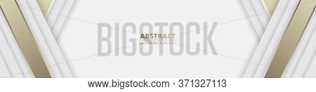 White Wide Luxury Abstract Background With Golden Lines And Shadows. Modern Light Wide Banner With G