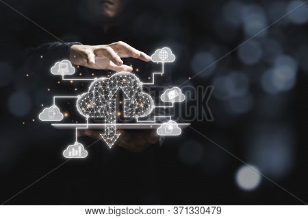 Hand Holding  Tablet And Virtual Artificial Intelligence With Cloud Technology Transformation .  Clo
