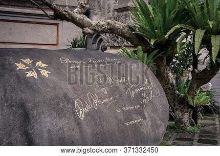 Bali, Indonesia - January 12, 2018: Stones Autographed By Famous People On Territory Of Rudana Art M
