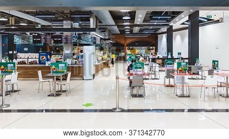Kanchanaburi, Thailand-may 26,2020: View Of Food Park After Reopening With Sparse People And Apart T