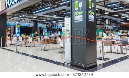 Kanchanaburi, Thailand-may 26,2020: View Of Food Park After Reopening With Sparse People And Apart T