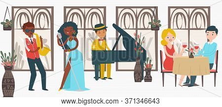 Lovely Couple Male Female Date Jazz Restaurant, Character Lover Pair Listening Music Isolated On Whi