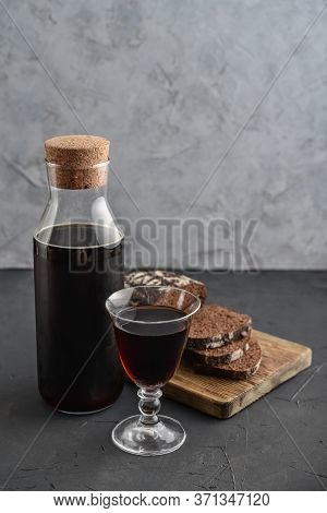 Traditional Russian Drink Kvass Made From Bread, Rye Malt, Sugar And Water. Kvass In Bottle With Rye