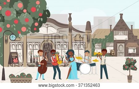 Group Jazz Perform Music Performance Urban Place, Cozy City Street Play Flat Vector Illustration. Pe