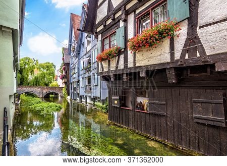 Street With Vintage Half-timbered Houses In Old Town Of Ulm, Germany. Medieval Fish Quarter Is Touri