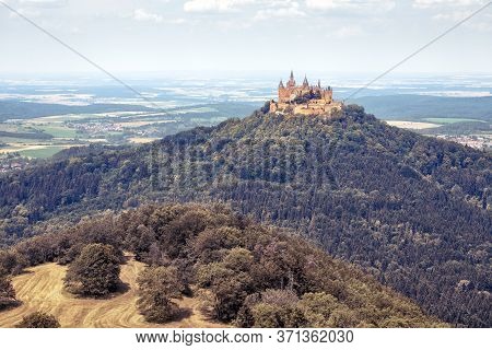 Hohenzollern Castle Or Burg Atop Mount In Summer, Germany. It Is Landmark In Baden-wurttemberg. Land