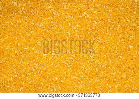 Corn Grits Groat Background. Top View, Close Up. Macro Texture