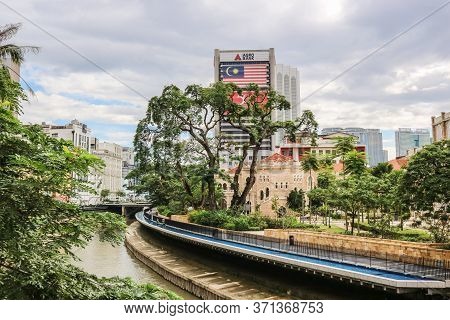 Kuala Lumpur, Malaysia - November 28, 2019: Panoramic View Of River Of Life Kolam Biru Water And Leb