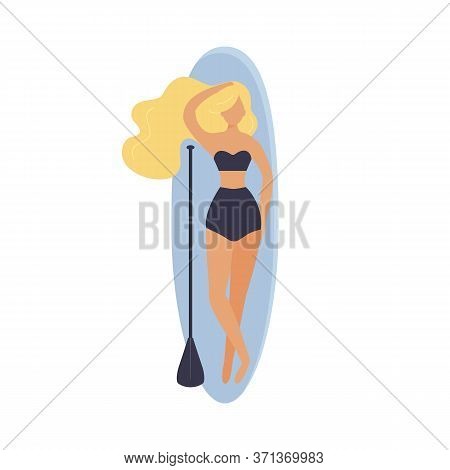 Cute Girl Dressed In Swimwear Is Lying On Supboard Next To A Paddle Isolated On White Background. Be