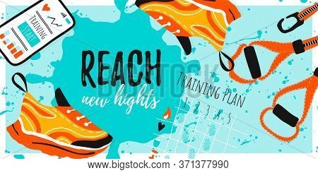 Template Vector Banner For Sport With Shoe Sneakers, Cell Phone, Trx And Training Plan. Reach New Hi