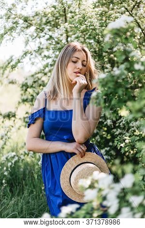 Sensual Calm Portrait Of Beautiful Hipster Woman In Blooming Bush With White Flowers Of Spirea. Copy