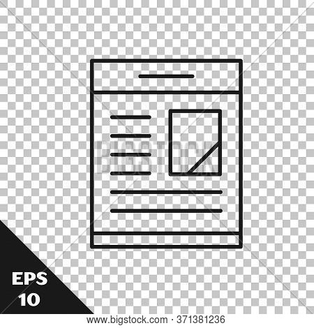 Black Line Newspaper Advertisement Displaying Obituaries Icon Isolated On Transparent Background. Ve