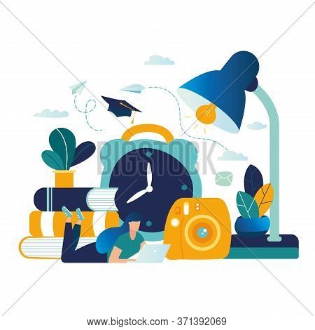 Education Vector Illustration. Graphic Elements Onlain Education. The Girl Lies On Her Stomach For L