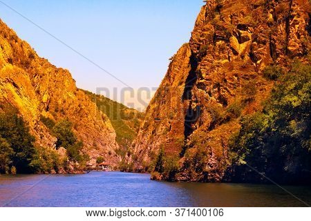 View Of Beautiful Tourist Attraction, The Idyllic Matka Lake At Matka Canyon In The Skopje Surroundi