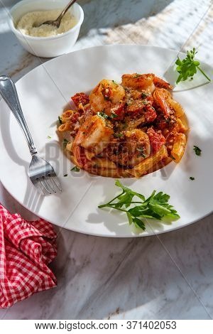 Authentic Italian Dinner Penne Ragu Alla Bolognese With Tail-on Shrimp