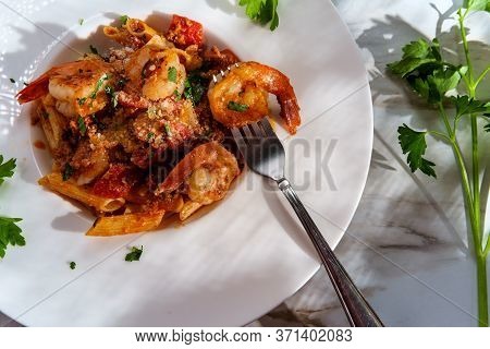 Authentic Italian Dinner Penne Ragu Alla Bolognese With Tail-on Shrimp