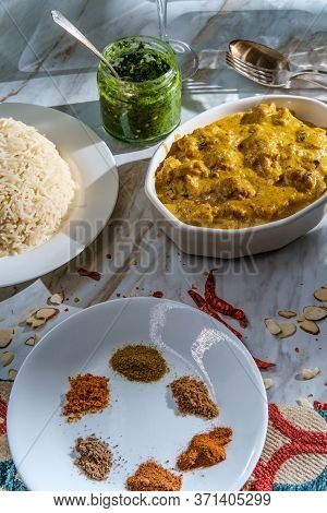 Authentic Indian Almond Chicken Korma Curry Dinner With Basmati Rice And Green Chutney