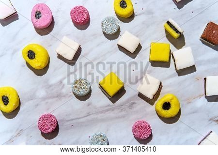 Colorful Gourmet English Licorice Candies On Marble Table