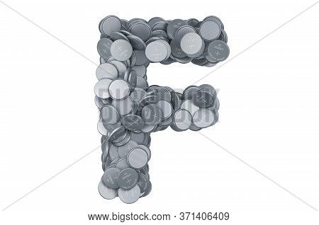 Letter F From Button Cells, 3d Rendering Isolated On White Background
