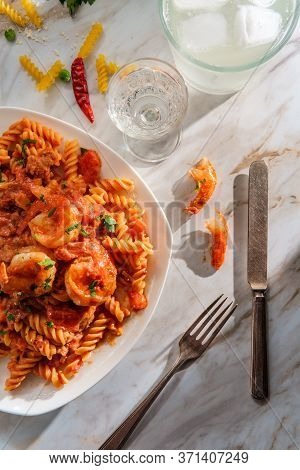 Gluten-free Fusilli Pasta In Creamy Vodka Tomato Sauce With Sausage Shrimp And Green Peas
