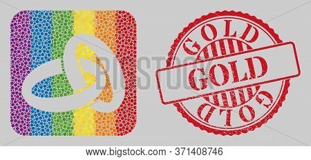 Grunge Gold Seal And Mosaic Gold Rings Hole For Lgbt. Dotted Rounded Rectangle Mosaic Is Around Gold