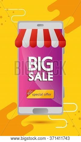 Commercial Label With Big Sale Lettering In Smartphone And Thirty Percent Discount Vector Illustrati