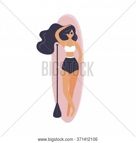 Cute Girl Dressed In Swimwear Is Lying On Supboard Next To A Paddle Isolated On White Background. Be