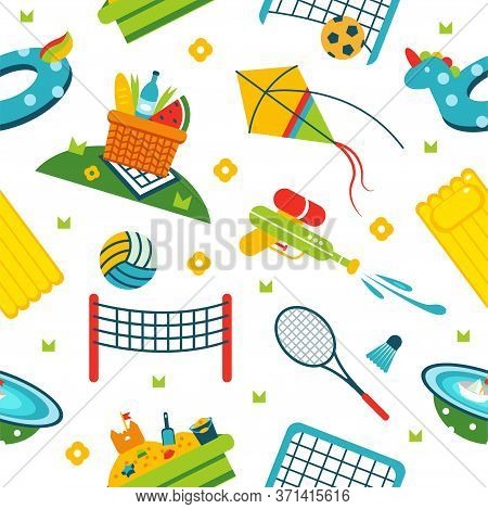 Summer Holiday Activity Symbols Pattern. Vector Illustration Pattern Of Vacation Summer Elements. El