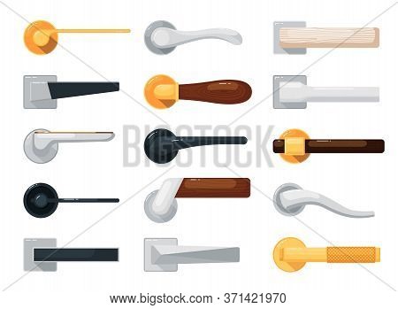 Door Handle Isolated. Modern Lock Knob, Home Doorknob, House Doorhandle Collection. Metal And Wooden