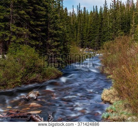 South Saint Vrain Creek Flowing Into The Brainard Lake Near Nederland, Colorado, On A Spring Day