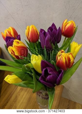 Beautiful Tulips In Bouquet In A Vase, Close Up Of Tulips In A Vase .