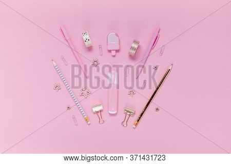 Back To School Concept Notepad, Pencil Case, Stationery And School Supplies. Top Horizontal View Cop