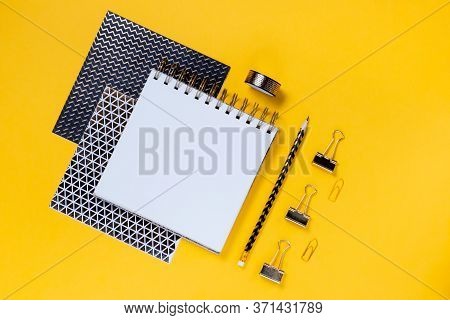 Back To School Concept Notepad, Pencil Case, Stationery And School Supplies. Top Horizontal View Cop