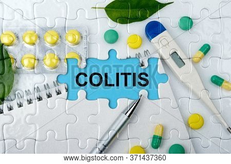 Double Exposure. Puzzles With The Image Of Tablets, A Notebook, A Thermometer And A Pen With The Ins