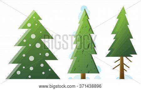 Collection Of Different Cartoon Green And Dead Fir Trees. Isolated Fir Trees With Snow For Happy New