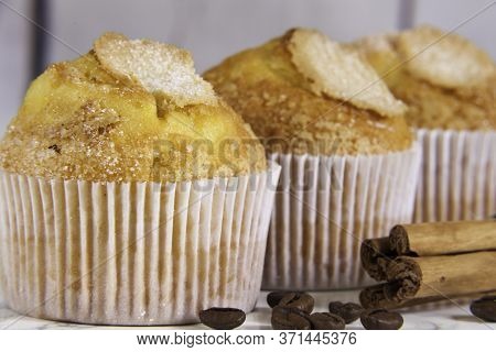 Three Delicious Cupcakes Close-up, Coffee And Cinnamon