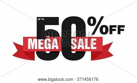 Mega Sale Up To 50 Off - Promo Badge With Ribbon And Special Offer Info - Isolated Vector Element Fo