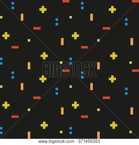 Seamless Pattern Of Mathematical Signs (pluses, Minuses, Points, Etc.). Black Background.