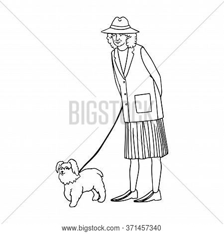 Vector Outline Illustration Of Old Woman Walking With Dog Isolated On White Background