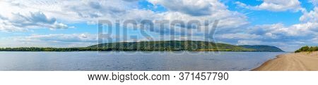 Panorama Of The Big Volga River In Front Of The Zhiguli Mountains