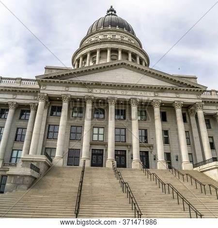 Square Utah State Capital Building Dome And Stairs Leading To The Pedimented Entrance