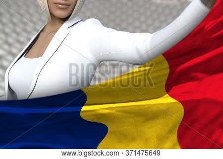 Beautiful Business Lady Is Holding Romania Flag In Front Of Her On The  Modern Architecture Backgrou