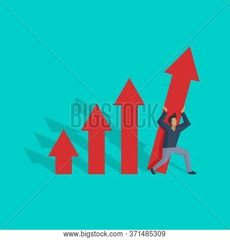 Man Holds Chart Arrow Up - Illustration Of Corporative Menegement, Business Strategy