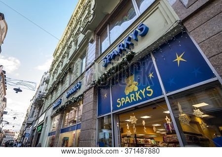 Brno, Czechia - November 4, 2019: Sparkys Logo In Front Of Their Main Store For Brno. Sparkys Is A C
