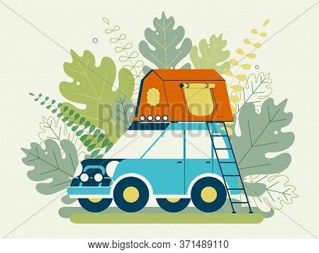 Summer Camping. Сamping Tents. Tent On The Roof Of The Car. Flat Design. Stock Vector Illustration.