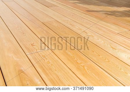 Carpentry Industry Craft Theme. Elegant Porch Wooden Floor Close Up Photo