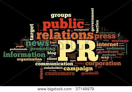 Pojęcie public relations w chmury tagów słowo na czarnym tle